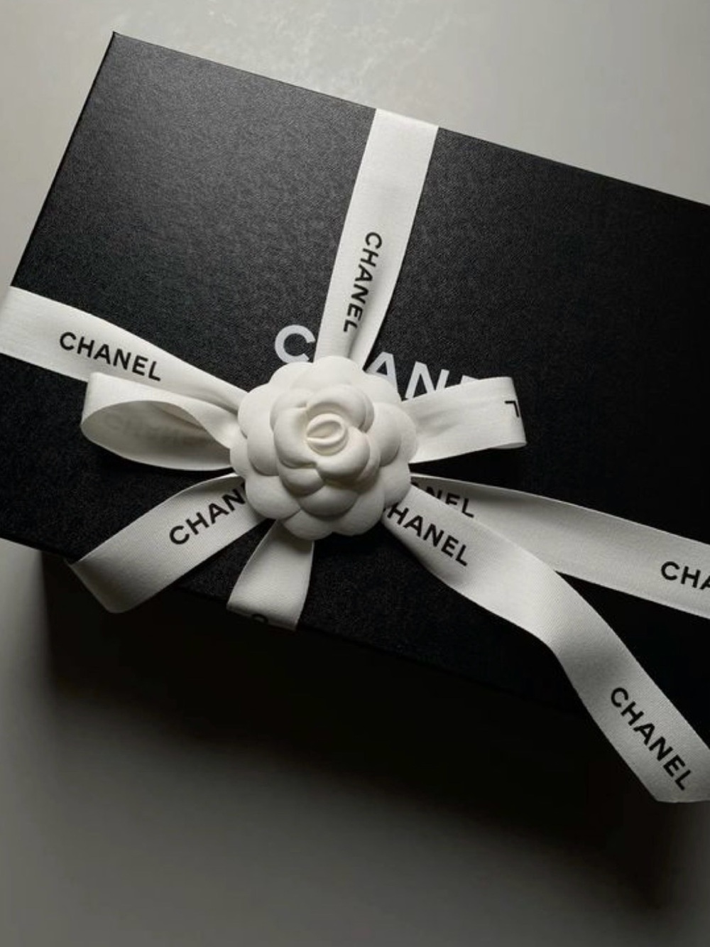 NEW CHANEL Black Box with White Camellia Ribbon Accent